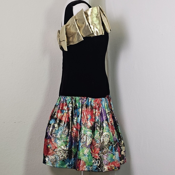 Vintage Morton Myles Saks Velvet Gold Bow Metallic Floral Cocktail Dress Sz S - Picture 3 of 15